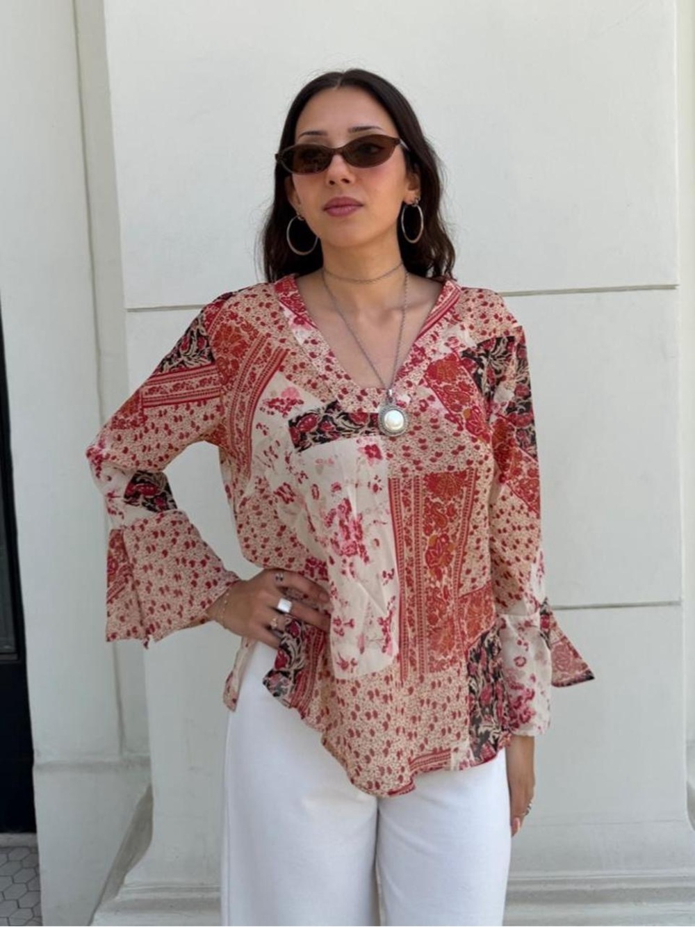 70s red and beige floral paisley print sheer long sleeve blouse with bell sleeve